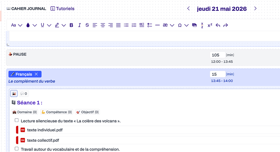 Placement d'une séance sur le cahier journal